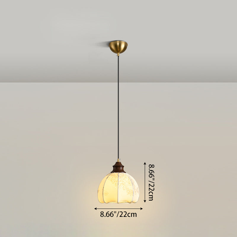 Traditional Vintage Dome Round Beads Floral Fabric Shade Wood Hardware Frame 1-Light Pendant Light For Living Room