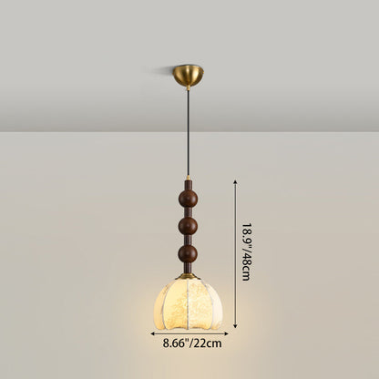 Traditional Vintage Dome Round Beads Floral Fabric Shade Wood Hardware Frame 1-Light Pendant Light For Living Room