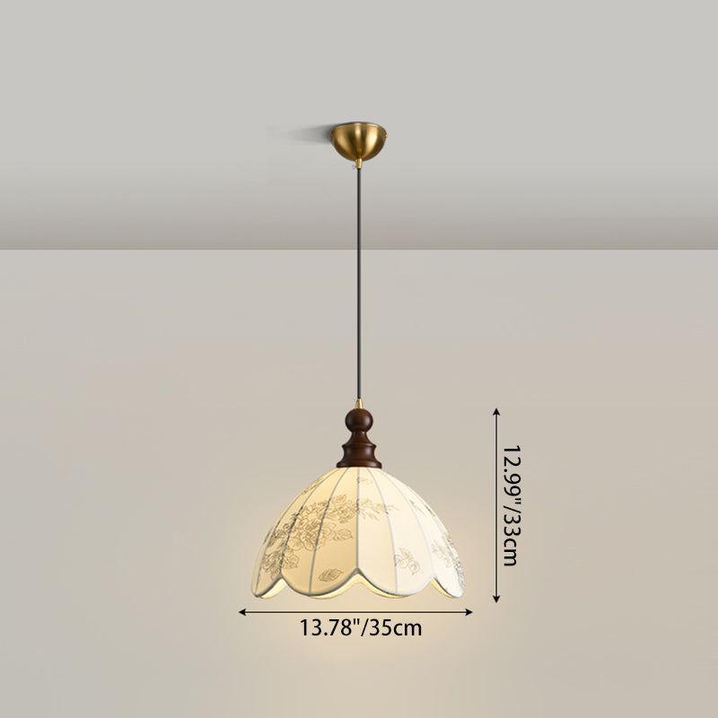 Traditional Vintage Dome Round Beads Floral Fabric Shade Wood Hardware Frame 1-Light Pendant Light For Living Room