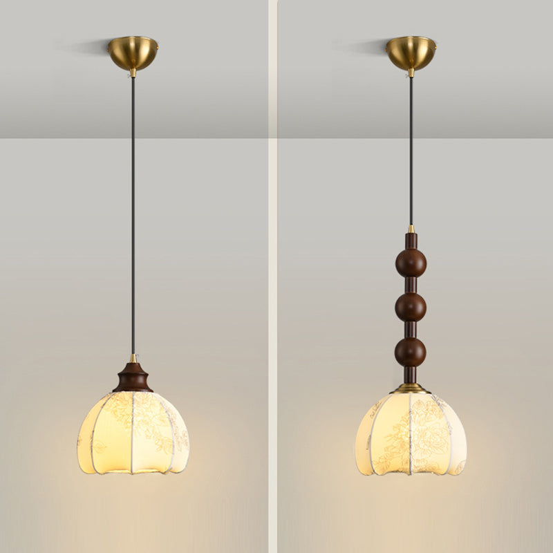 Traditional Vintage Dome Round Beads Floral Fabric Shade Wood Hardware Frame 1-Light Pendant Light For Living Room