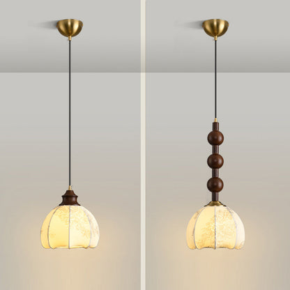 Traditional Vintage Dome Round Beads Floral Fabric Shade Wood Hardware Frame 1-Light Pendant Light For Living Room