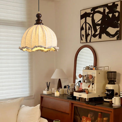 Traditional Vintage Dome Cylinder Lace Fabric Shade Wood Hardware Frame 1-Light Pendant Light For Living Room