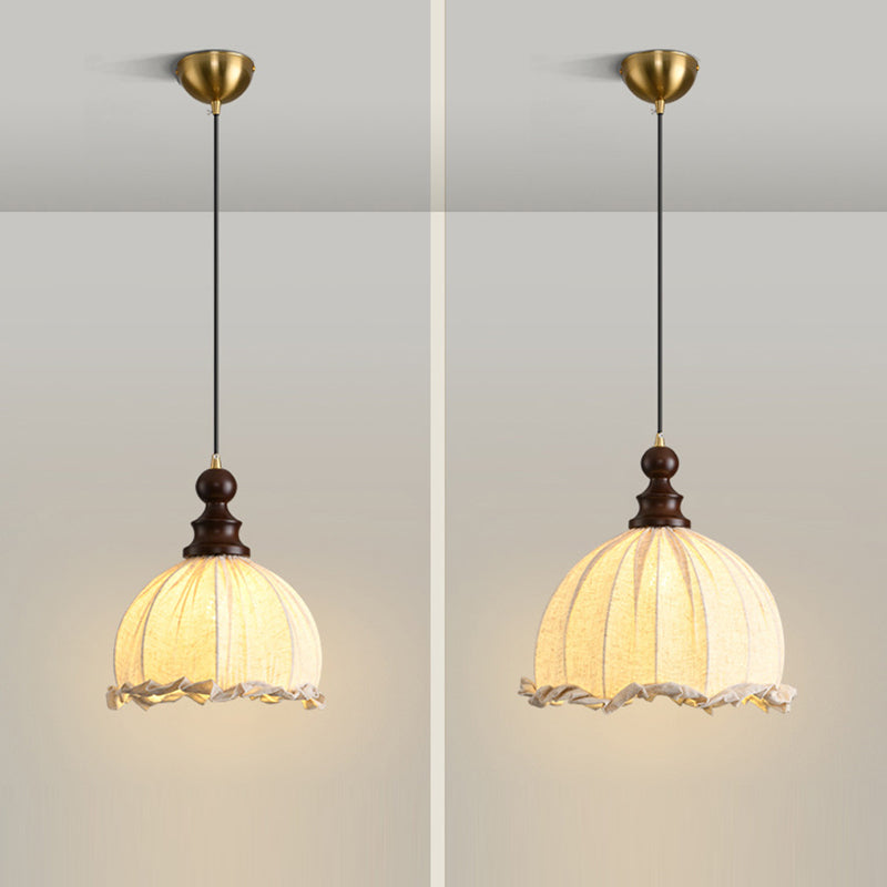 Traditional Vintage Dome Cylinder Lace Fabric Shade Wood Hardware Frame 1-Light Pendant Light For Living Room