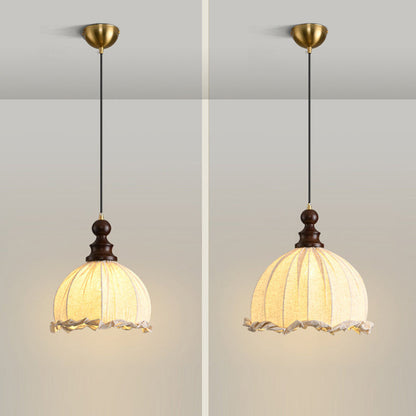 Traditional Vintage Dome Cylinder Lace Fabric Shade Wood Hardware Frame 1-Light Pendant Light For Living Room