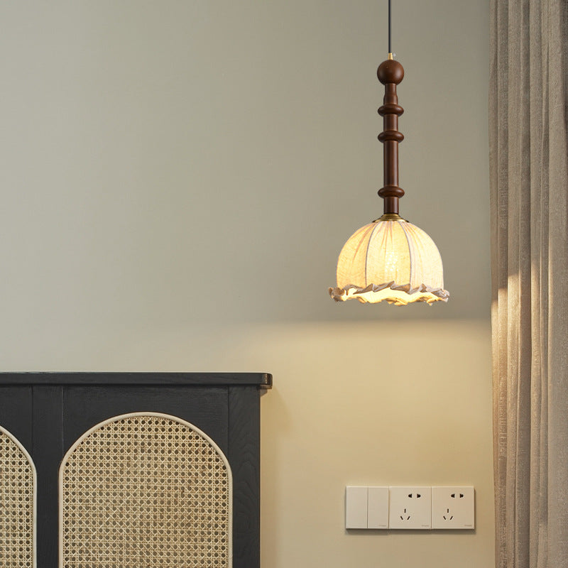 Traditional Vintage Dome Cylinder Lace Fabric Shade Wood Hardware Frame 1-Light Pendant Light For Living Room