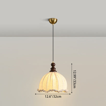 Traditional Vintage Dome Cylinder Lace Fabric Shade Wood Hardware Frame 1-Light Pendant Light For Living Room