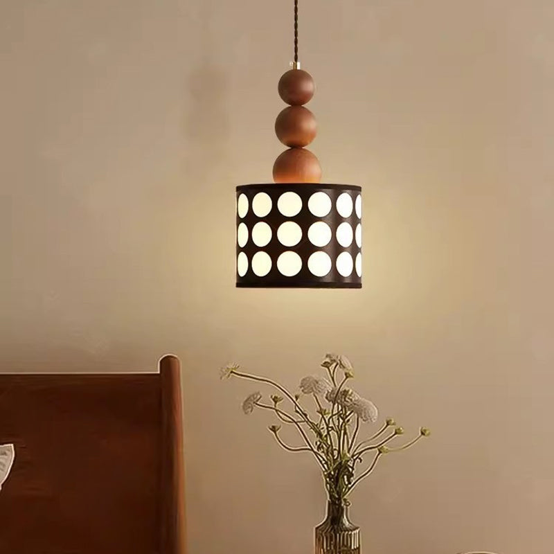 Traditional Vintage Beads Cylinder Wooden Iron 1-Light Pendant Light For Living Room
