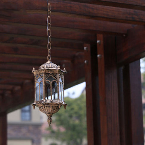 Traditional Vintage Waterproof Hexagonal Column Palace Aluminum Acrylic 1-Light Pendant Light For Outdoor Patio