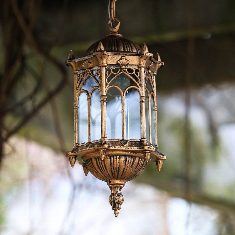 Traditional Vintage Waterproof Hexagonal Column Palace Aluminum Acrylic 1-Light Pendant Light For Outdoor Patio