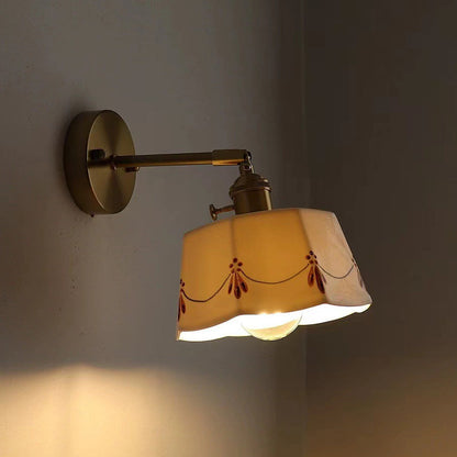Traditional Chinese Octagonal Trapezoidal Firework Printed Ceramic Shade Brass 1-Light Wall Sconce Lamp For Living Room