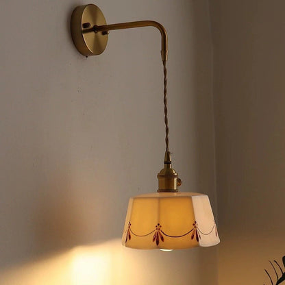 Traditional Chinese Octagonal Trapezoidal Firework Printed Ceramic Shade Brass 1-Light Wall Sconce Lamp For Living Room