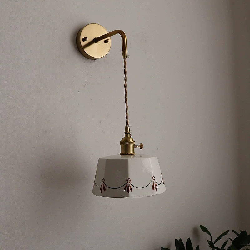 Traditional Chinese Octagonal Trapezoidal Firework Printed Ceramic Shade Brass 1-Light Wall Sconce Lamp For Living Room