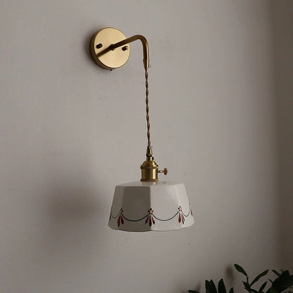 Traditional Chinese Octagonal Trapezoidal Firework Printed Ceramic Shade Brass 1-Light Wall Sconce Lamp For Living Room