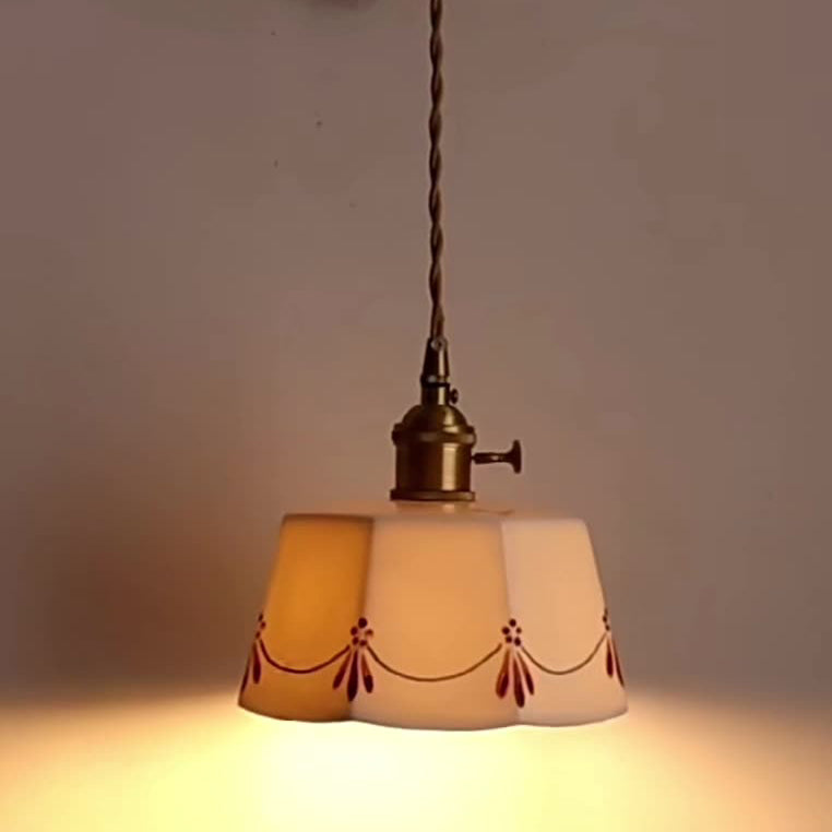 Traditional Chinese Octagonal Trapezoidal Firework Printed Ceramic Shade Brass 1-Light Wall Sconce Lamp For Living Room
