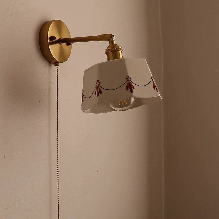 Traditional Chinese Octagonal Trapezoidal Firework Printed Ceramic Shade Brass 1-Light Wall Sconce Lamp For Living Room