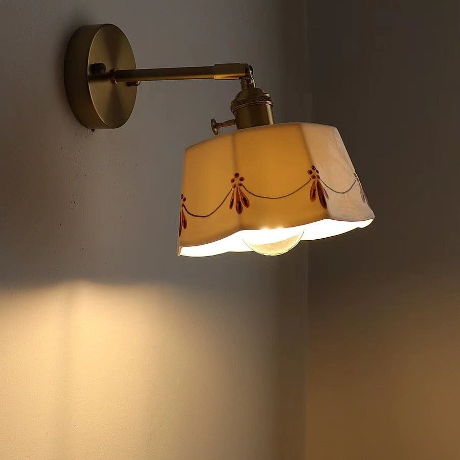 Traditional Chinese Octagonal Trapezoidal Firework Printed Ceramic Shade Brass 1-Light Wall Sconce Lamp For Living Room