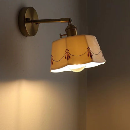 Traditional Chinese Octagonal Trapezoidal Firework Printed Ceramic Shade Brass 1-Light Wall Sconce Lamp For Living Room