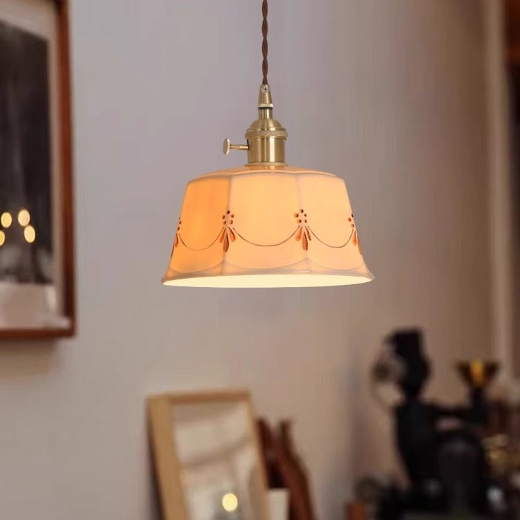 Traditional Chinese Octagonal Trapezoidal Firework Printed Ceramic Shade Brass 1-Light Wall Sconce Lamp For Living Room