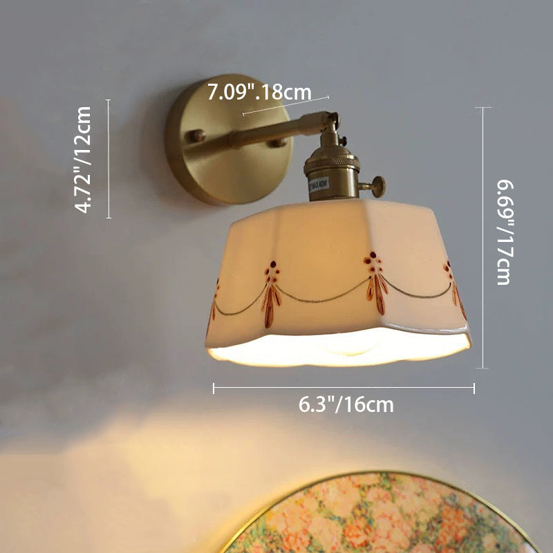 Traditional Chinese Octagonal Trapezoidal Firework Printed Ceramic Shade Brass 1-Light Wall Sconce Lamp For Living Room