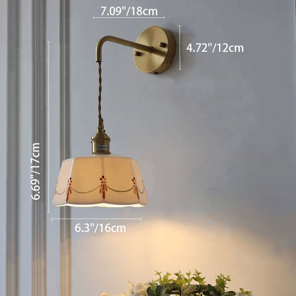 Traditional Chinese Octagonal Trapezoidal Firework Printed Ceramic Shade Brass 1-Light Wall Sconce Lamp For Living Room