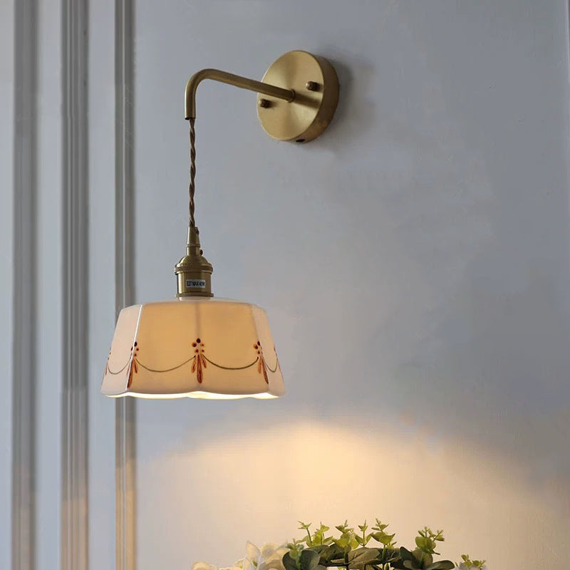 Traditional Chinese Octagonal Trapezoidal Firework Printed Ceramic Shade Brass 1-Light Wall Sconce Lamp For Living Room