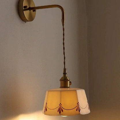 Traditional Chinese Octagonal Trapezoidal Firework Printed Ceramic Shade Brass 1-Light Wall Sconce Lamp For Living Room