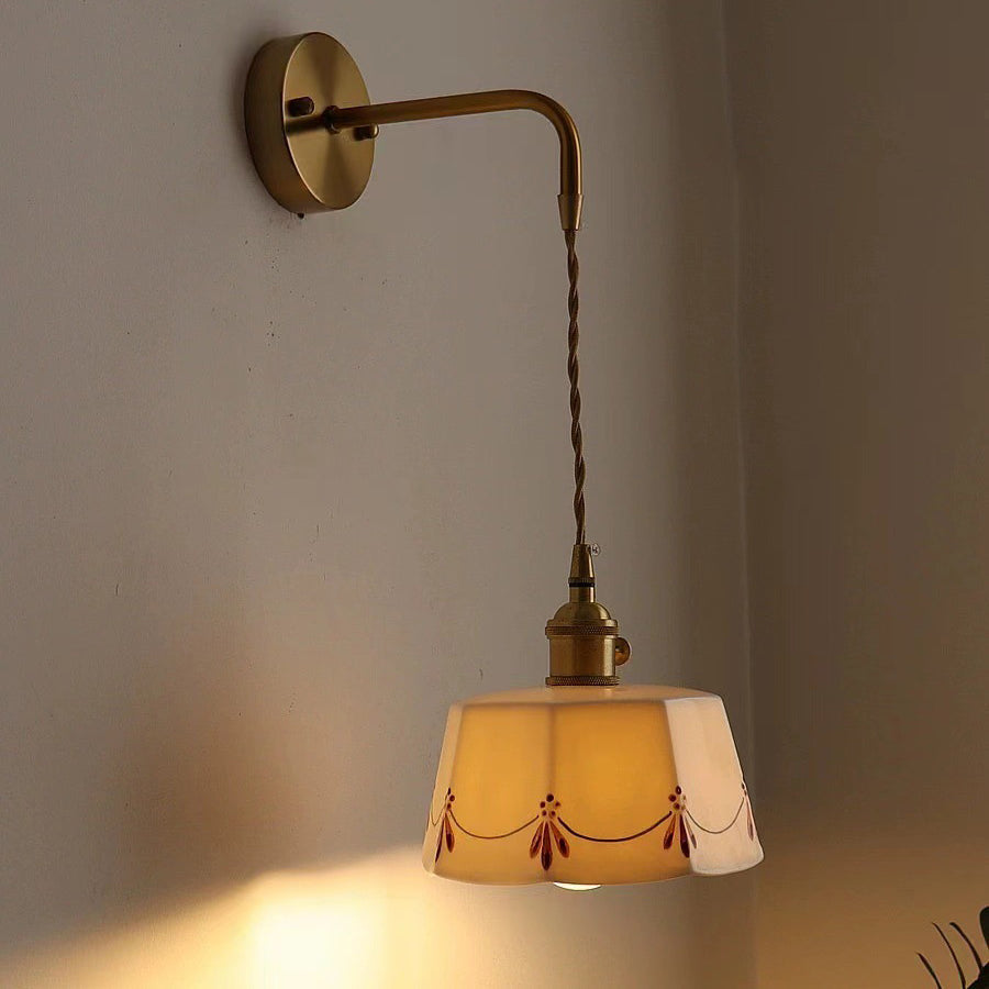 Traditional Chinese Octagonal Trapezoidal Firework Printed Ceramic Shade Brass 1-Light Wall Sconce Lamp For Living Room