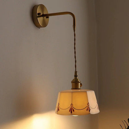 Traditional Chinese Octagonal Trapezoidal Firework Printed Ceramic Shade Brass 1-Light Wall Sconce Lamp For Living Room