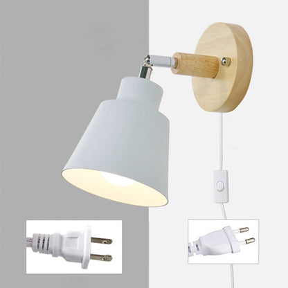 Modern Minimalist Round Cylinder Horn Shape Iron Shade Wood 1-Light Wall Sconce Lamp For Bedroom