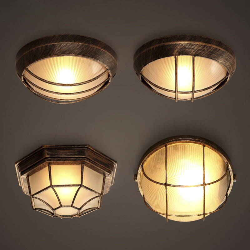 Contemporary Industrial Round Octagonal Iron Frame Glass Shade 1-Light Flush Mount Ceiling Light For Living Room