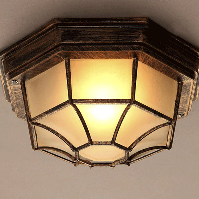 Contemporary Industrial Round Octagonal Iron Frame Glass Shade 1-Light Flush Mount Ceiling Light For Living Room