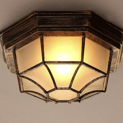 Contemporary Industrial Round Octagonal Iron Frame Glass Shade 1-Light Flush Mount Ceiling Light For Living Room