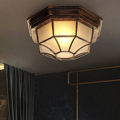 Contemporary Industrial Round Octagonal Iron Frame Glass Shade 1-Light Flush Mount Ceiling Light For Living Room