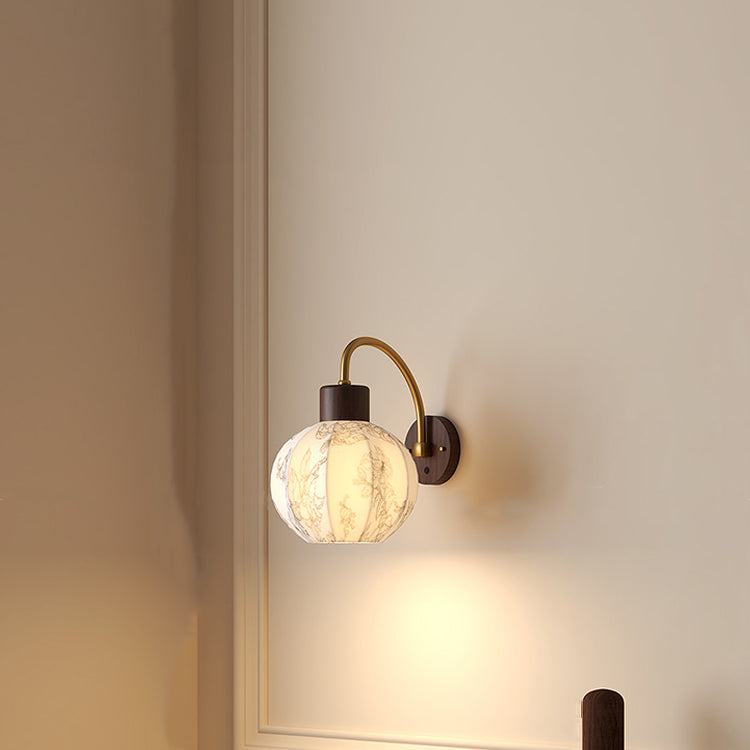 Traditional Vintage Curved Pole Round Ball Floral Printed Iron Solid Wood Frame Fabric Shade 1-Light Wall Sconce Lamp For Bedroom