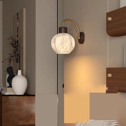 Traditional Vintage Curved Pole Round Ball Floral Printed Iron Solid Wood Frame Fabric Shade 1-Light Wall Sconce Lamp For Bedroom