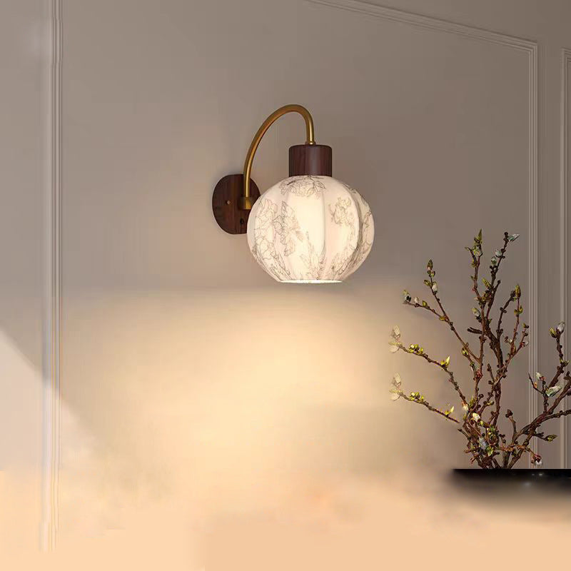 Traditional Vintage Curved Pole Round Ball Floral Printed Iron Solid Wood Frame Fabric Shade 1-Light Wall Sconce Lamp For Bedroom