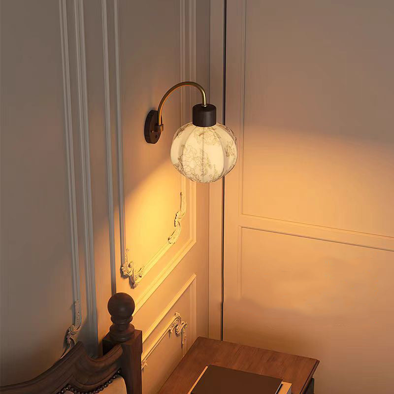 Traditional Vintage Curved Pole Round Ball Floral Printed Iron Solid Wood Frame Fabric Shade 1-Light Wall Sconce Lamp For Bedroom