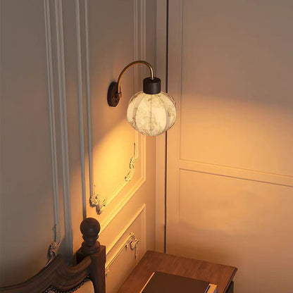 Traditional Vintage Curved Pole Round Ball Floral Printed Iron Solid Wood Frame Fabric Shade 1-Light Wall Sconce Lamp For Bedroom
