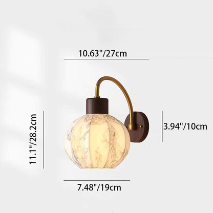 Traditional Vintage Curved Pole Round Ball Floral Printed Iron Solid Wood Frame Fabric Shade 1-Light Wall Sconce Lamp For Bedroom