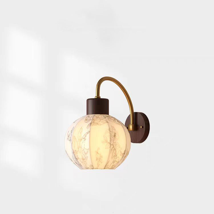 Traditional Vintage Curved Pole Round Ball Floral Printed Iron Solid Wood Frame Fabric Shade 1-Light Wall Sconce Lamp For Bedroom
