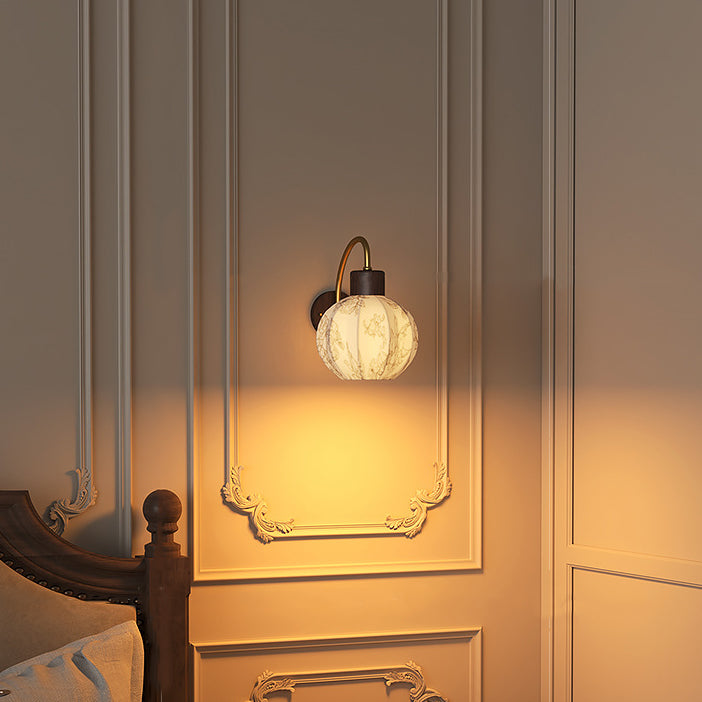 Traditional Vintage Curved Pole Round Ball Floral Printed Iron Solid Wood Frame Fabric Shade 1-Light Wall Sconce Lamp For Bedroom