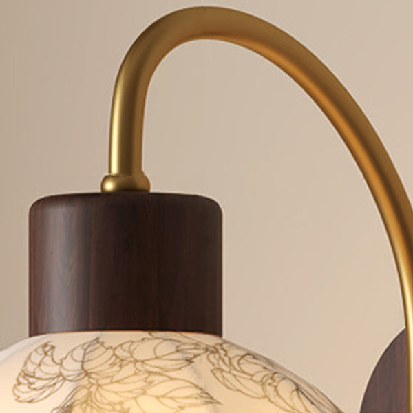 Traditional Vintage Curved Pole Round Ball Floral Printed Iron Solid Wood Frame Fabric Shade 1-Light Wall Sconce Lamp For Bedroom
