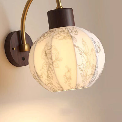 Traditional Vintage Curved Pole Round Ball Floral Printed Iron Solid Wood Frame Fabric Shade 1-Light Wall Sconce Lamp For Bedroom
