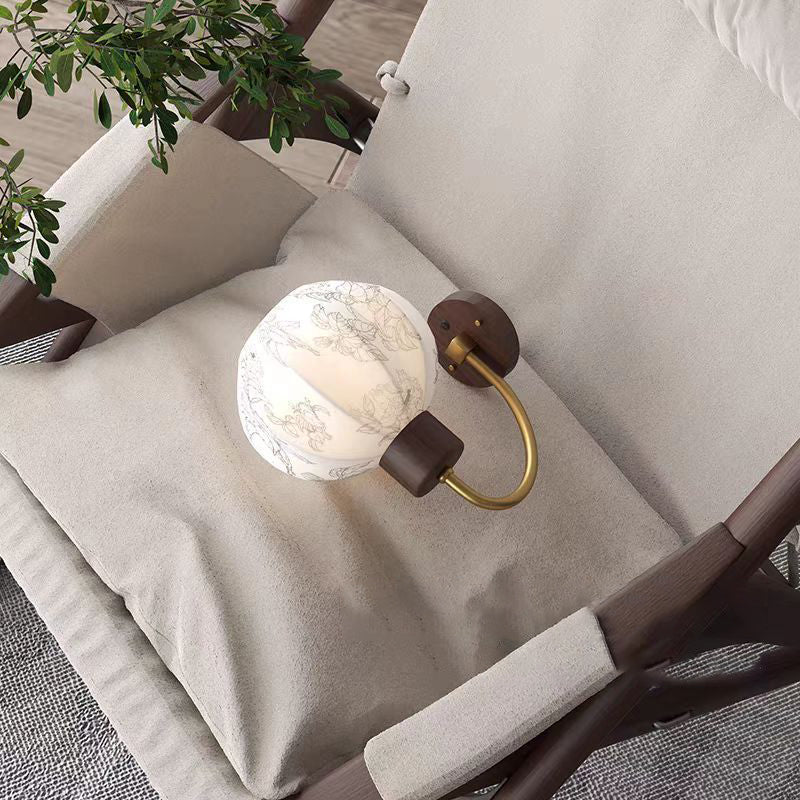 Traditional Vintage Curved Pole Round Ball Floral Printed Iron Solid Wood Frame Fabric Shade 1-Light Wall Sconce Lamp For Bedroom