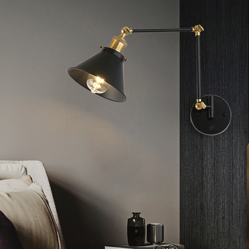 Contemporary Retro Retractable Long Pole Round Horn Shape Iron 1-Light Wall Sconce Lamp For Bedroom