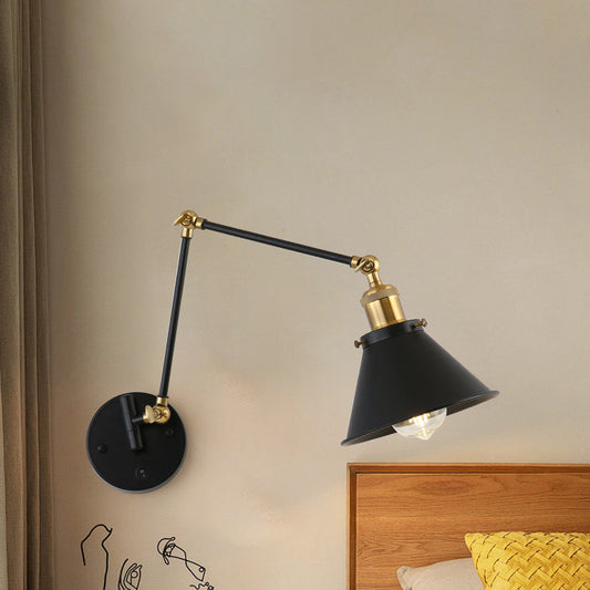 Contemporary Retro Retractable Long Pole Round Horn Shape Iron 1-Light Wall Sconce Lamp For Bedroom
