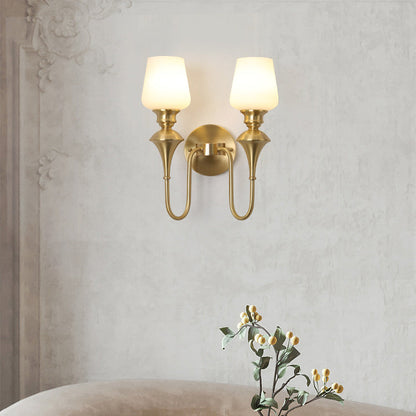 Traditional European Curved Rod Candle Holder Cup Shape Full Brass Frame Glass Shade 1/2 Light Wall Sconce Lamp For Living Room