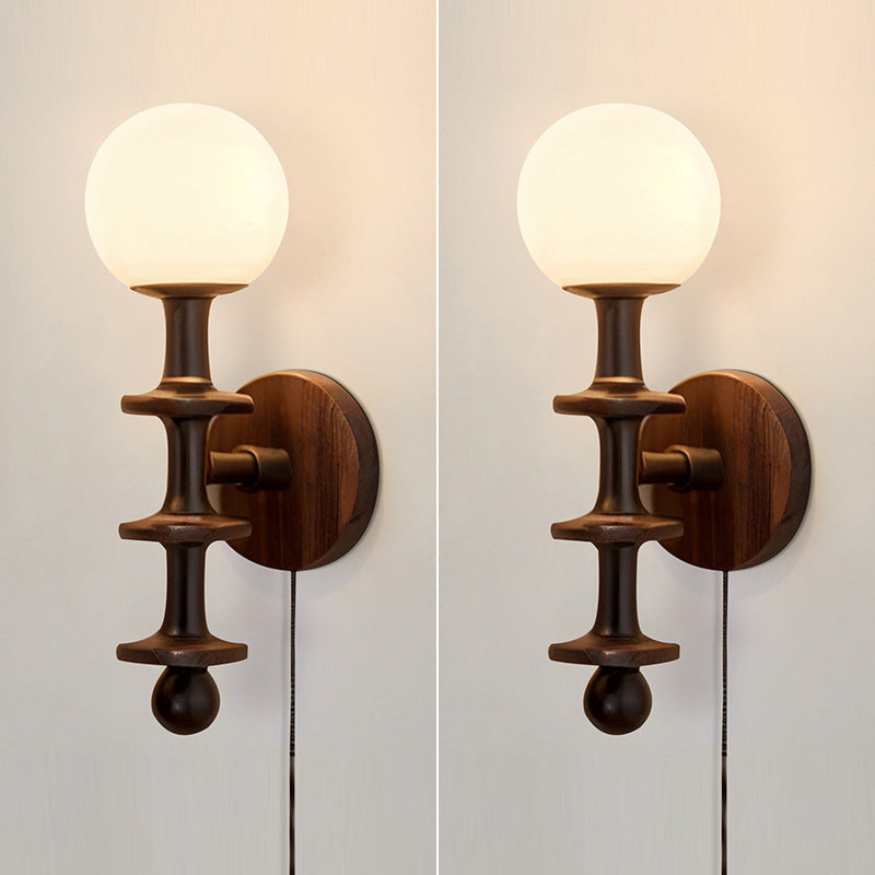 Traditional Vintage Cylinder Globe Wood Glass 1-Light Wall Sconce Lamp For Living Room
