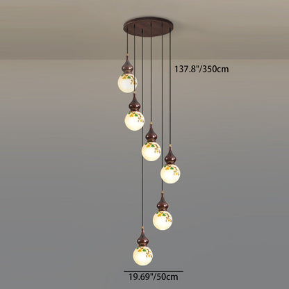 Traditional Chinese Round Gourd Wood Brass Enameled Glass Shade 1/3/6 Light Chandelier For Living Room