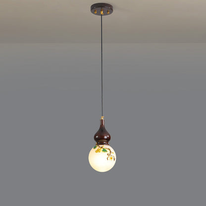 Traditional Chinese Round Gourd Wood Brass Enameled Glass Shade 1/3/6 Light Chandelier For Living Room